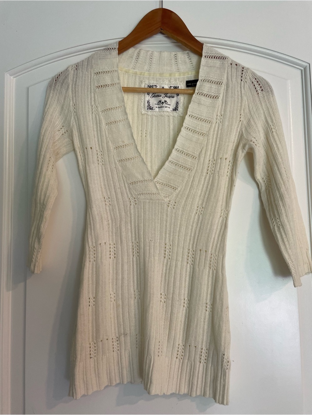 Guess Jeans Women's Ivory Knit Pullover Sweater V-Neck 3/4 Sleeve S Wool Blend